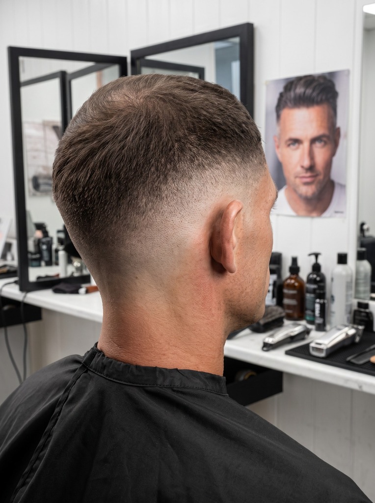 Clean skin fade — precision neckline at Tom's Barber