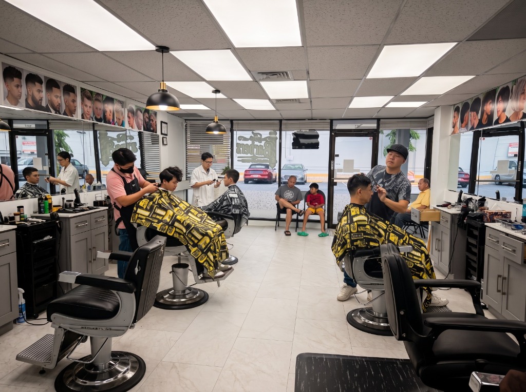 Tom's Barber barbershop interior — barbers at work on multiple chairs